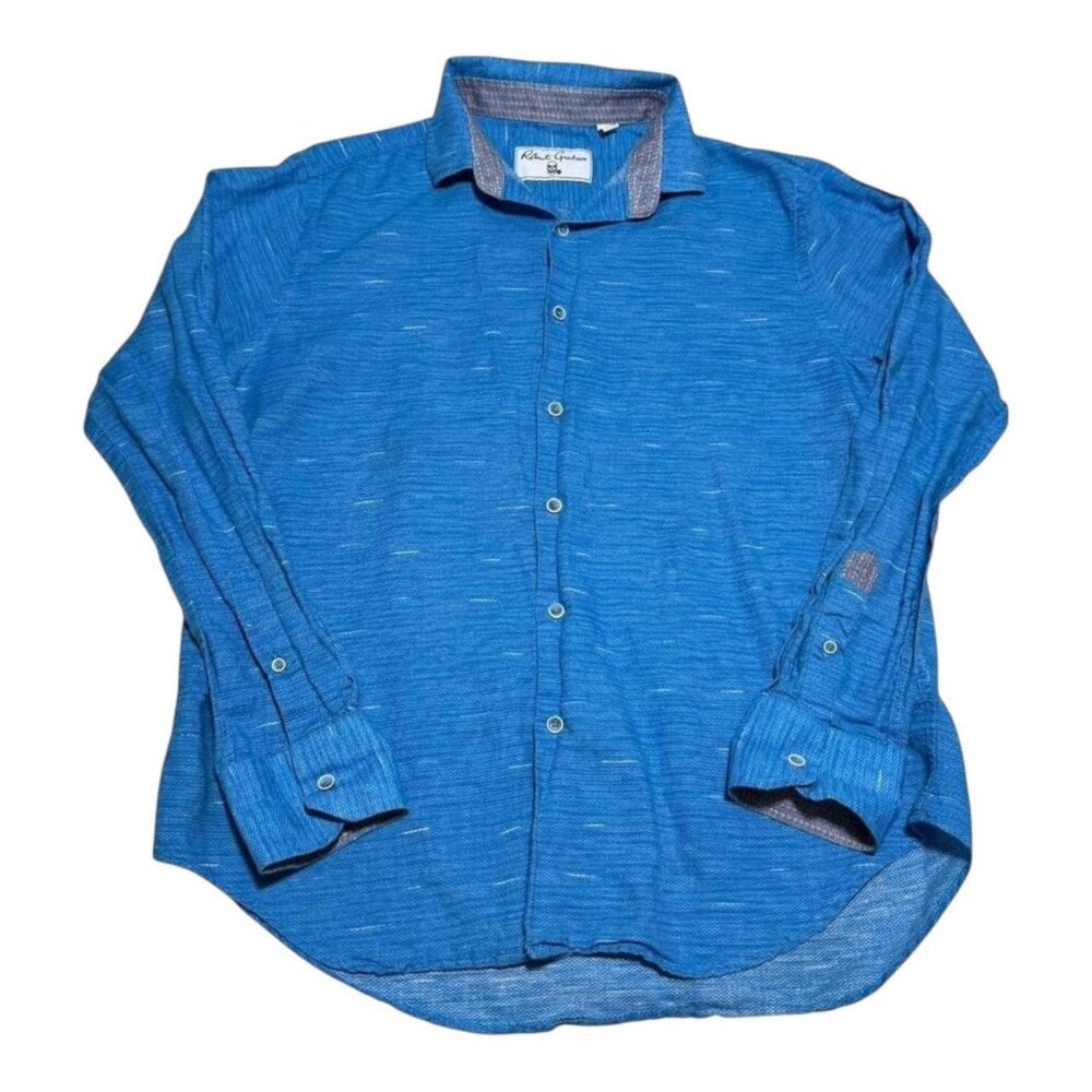 Robert Graham Men's Blue‎ Large Button Up Flip Cuff Shirt Linen Cotton Blend